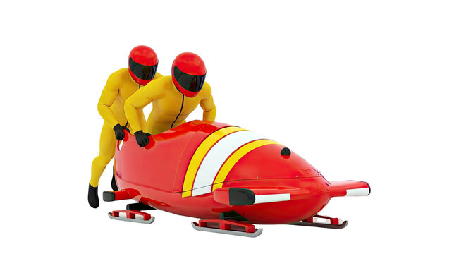 Bobsled Athletes in Yellow Suits Pushing a Red Bobsled