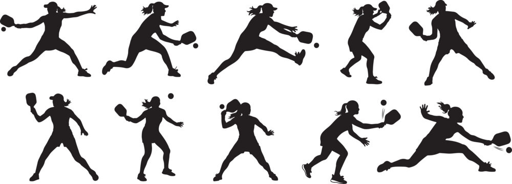 Dynamic female pickleball players in action a silhouette illustration of competitive sports