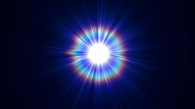 Abstract blue light burst with radiant glow, bright star beam, sharp flare, luminous rainbow halo, energy ray, sparkling rays, dark background, white core, violet aura, SEO friendly abstract visual