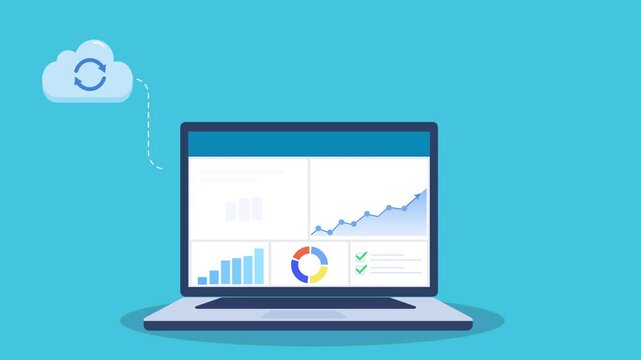 Flat animation of a laptop showing analytics dashboard with cloud sync turning into error state and rising charts, illustrating data transfer failure, system alerts, and performance monitoring.