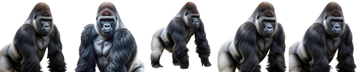 Obraz premium Witness the majesty of the silverback gorilla with this stunning collection. These powerful and intelligent primates are captured in various poses, highlighting their strength and natural habitat.