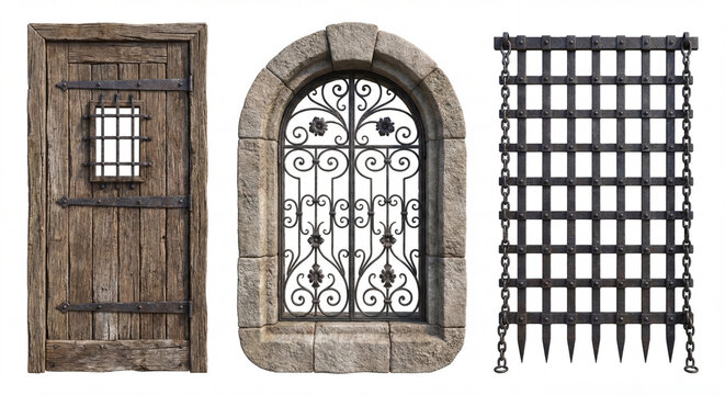 Medieval door window and portcullis isolated on white background historic architecture elements