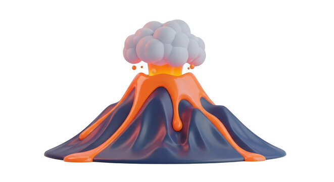 3D cartoon volcano erupting with lava and smoke, isolated on transparent background