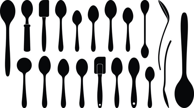 Diverse Collection of Kitchen Spoon Silhouettes Including Wooden Spoons Spatulas and Ladles for Culinary Graphic Design Cooking Icons and Food Service Industry Vector Projects.