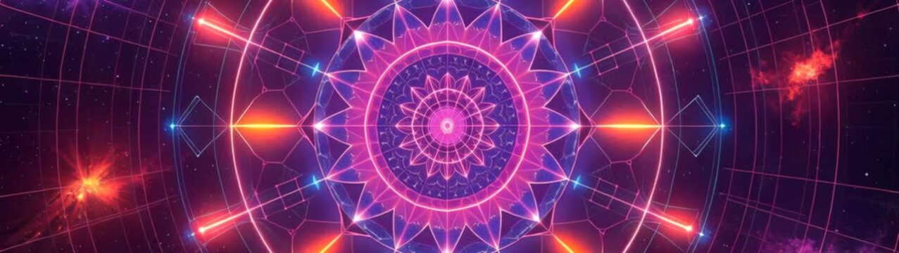 Spiritual Awakening And Cosmic Consciousness Mandala Art With Geometric Shapes And Neon Lights Representing Meditation.
