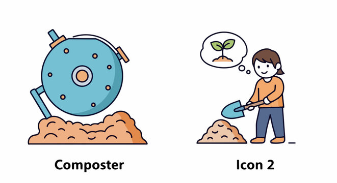 Composting icons depict round blue composter bin on soil, person planting sprout with shovel. These composting icons represent sustainable waste management, eco living, gardening.