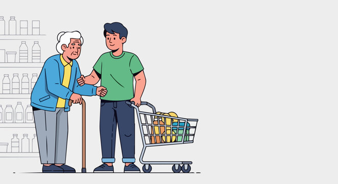 Illustration shows young man providing senior assistance to elderly woman inside grocery store aisle. Caring person pushes full shopping cart as senior citizen uses cane, offering needed support.