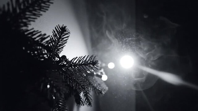 Mysterious cinematic monochrome scene of fir tree branches and fairy lights with swirling fog illuminated by a bright glow