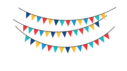 Obraz premium Three rows of colorful triangular party bunting flags hanging for celebration festival and birthday event decorations.