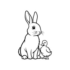 Fototapeta premium Bunny and duckling sitting together, outlined on transparent background 