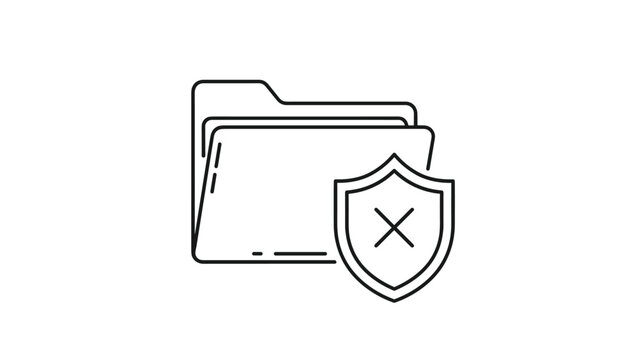 Line icon of digital folder and protective shield with cross mark represents failed security or inaccessible data storage on white background.