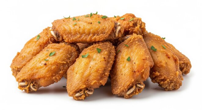 Crispy golden fried chicken wings with herbs, pile of seasoned buffalo wings, delicious deep fried poultry appetizers for restaurant menu isolated on White Background