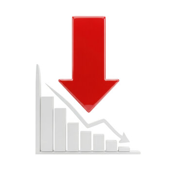 Red downward arrow over white bar graph isolated on transparent background