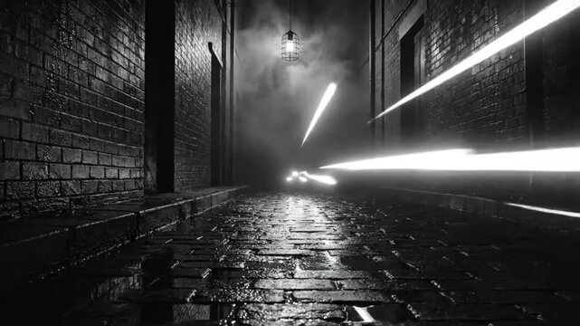 Black and white shot of a dark alleyway with a hanging lamp, headlights, and fog