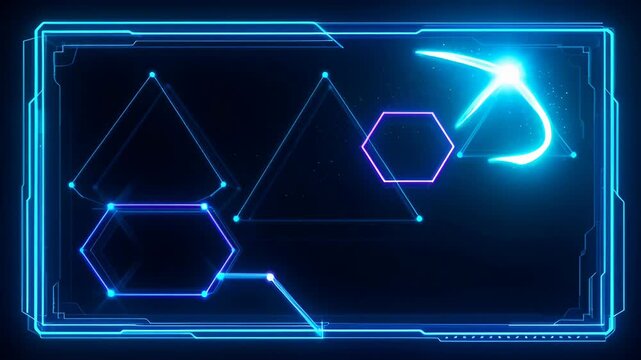 Abstract futuristic blue digital frame with glowing neon line, hexagon and triangle shapes, dark background, bright geometric border, computer code style display, technology clipart interface