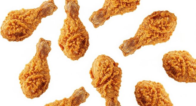 Crispy Golden Fried Chicken Drumsticks Breaded Chicken Legs Product Shot Pattern isolated on White Background