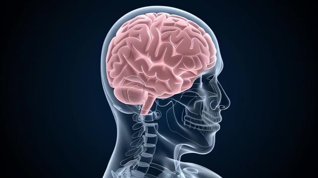 Human brain in transparent head, detailed 3d medical science animation