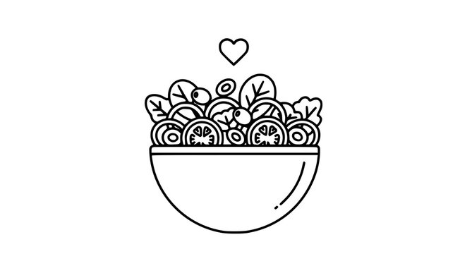 A simple line art illustration of a bowl filled with salad and a heart above it