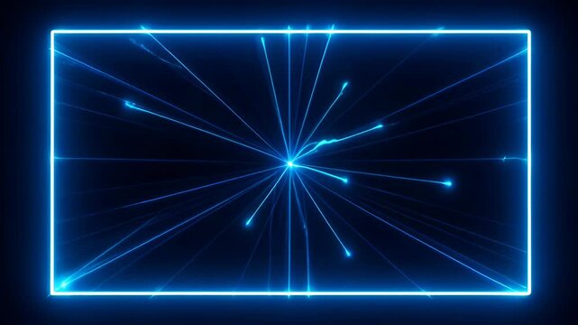 Abstract neon blue light burst dark background with glowing rectangular frame, abstract blue neon frame with glowing light burst, abstract neon frame with blue light burst dark background