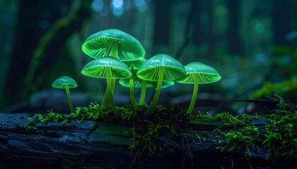 Fototapeta premium Captivating Bioluminescent Mushrooms Illuminating a Dark, Moss-Covered Log in an Enchanted Forest, Casting an Ethereal Green Glow and Creating a Magical Woodland Ambiance