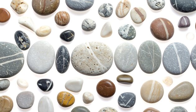 Close-up studio shot of assorted smooth, colorful river stones scattered randomly against a clean white background. Various shapes and sizes