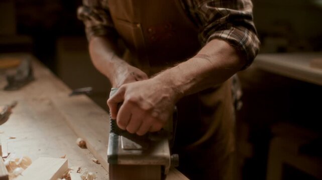 Carpenter in protective earmuffs and goggles sanding wooden board with electric belt sander on workbench in warmly lit woodworking workshop. Close up, tilt up shot