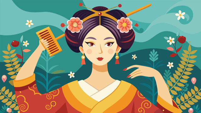 a woman in a traditional vibrant red and yellow sari grooming her long silky hair with a wooden comb, adorned with jewelry and a floral hair accessory