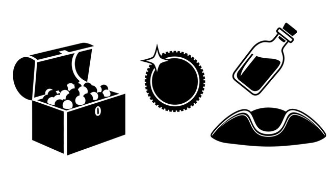 Treasure chest with coins, potion bottle, and treasure map illustration  