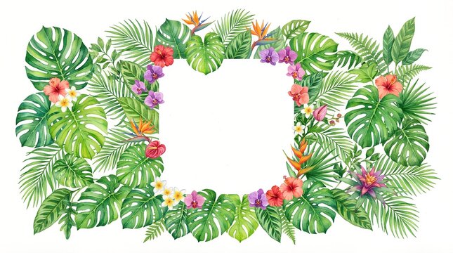 Watercolor Tropical Monstera Palm Leaf Frame Border