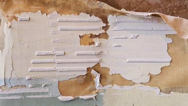 Peeling paint and exposed plaster reveal a layered, textured surface on an old wall during renovation, conveying age, decay and raw material detail suitable for backgrounds, design