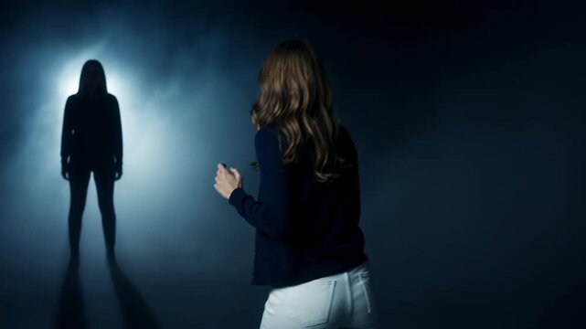 Scared woman looks back at a mysterious dark silhouette in a foggy room. Criminal attack victim feeling endangered and threatened by an unknown stalker shadow.
