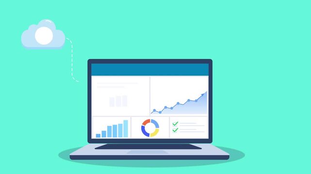 Flat animation of a laptop displaying analytics dashboard with cloud upload error icon and rising charts, representing data issues, system alerts, and performance monitoring in digital workflows.