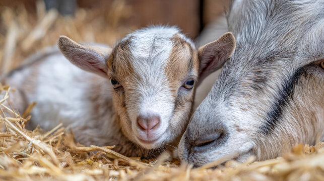 Goat and kid resting together in straw on a farm during the day in a rural area