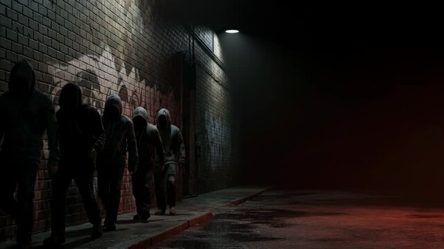 Group of dangerous men standing in dark urban alley. Criminal gang waiting in shadow. Fear, street violence and illegal activity concept in mysterious city night.