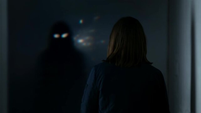 Scared young woman hiding from a dark shadowy figure in the night. Victim under threat by an aggressive stalker. Criminal suspense and psychological terror scene.