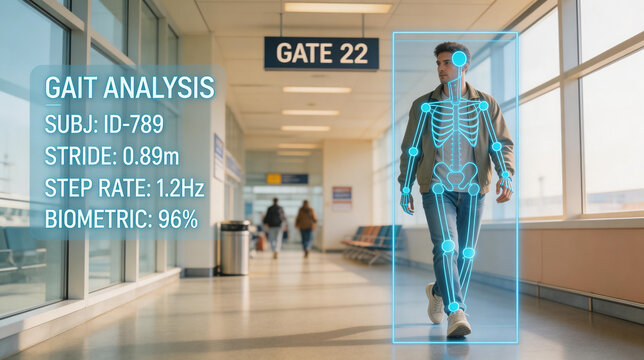 Man scanned by gait analysis system at airport gate. Biometric skeleton tracking for public security surveillance and identity recognition. Innovative digital monitoring technology concept.
