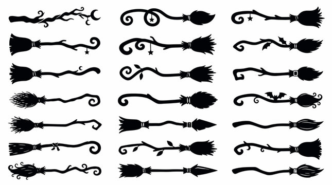 Set of various witch broom silhouettes with mystical handles featuring moons and bats on white, representing Halloween graphic design, symbolizing witchcraft or fantasy art elements