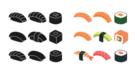 Various sushi pieces depicted in a flat graphic style silhouette © Kuntol02
