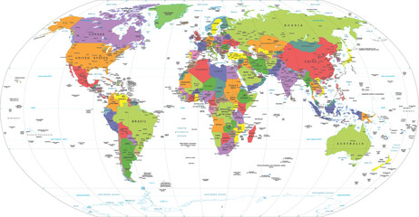 Detailed political world map with colorful countries and major city labels on white background © vector designer