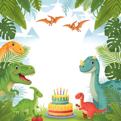 Naklejka premium Prehistoric birthday scene with dinosaurs and cake in tropical jungle