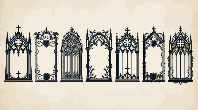 Ornate gothic arched window frames and medieval gate silhouettes collection on vintage parchment background, representing architectural design and symbolizing dark fantasy elements