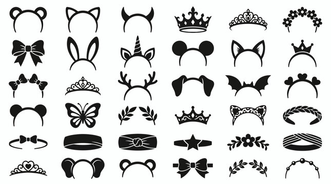 black silhouette headbands collection featuring crowns animal ears and floral tiaras isolated on white, representing creative accessory design and festive costume party digital assets
