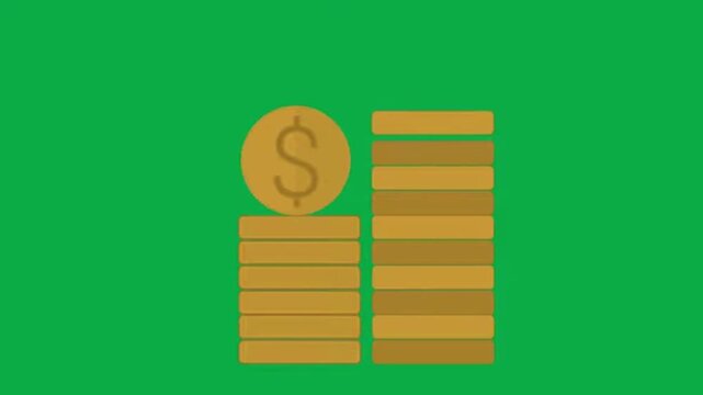 Animated golden coins stacks with a dollar sign on a green screen background