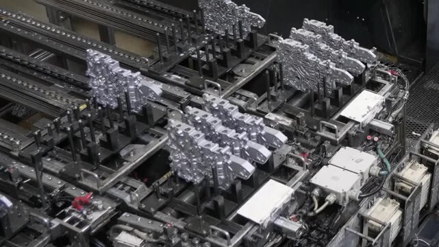 Close-up of an automated robotic gripper system lifting a batch of precision-machined metal components in a high-speed production environment
