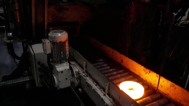 Red-hot metal discs emerging from a heating furnace and traveling along a roller conveyor toward a forging station