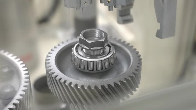 Close-up of an automated robotic gripper precision-tightening a hex nut onto a tapered roller bearing and helical gear assembly in a modern factory