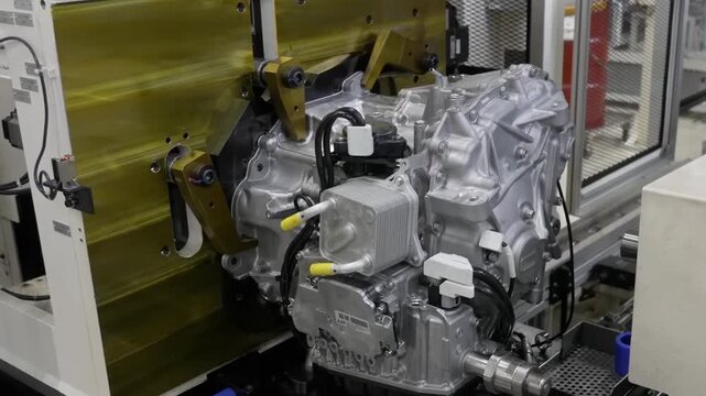 Completed electric vehicle motor and transmission unit undergoing final inspection or testing at an automated industrial workstation