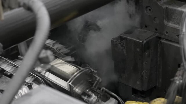 Automated high-pressure die-casting machine spraying lubricant and closing molds to form complex automotive parts