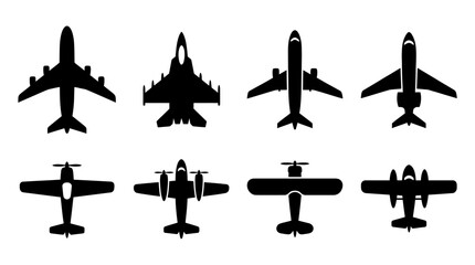 A collection of diverse aircraft silhouettes, including modern jets, fighter planes, and vintage propeller aircraft, all viewed from an overhead perspective. © Abhinaya Project