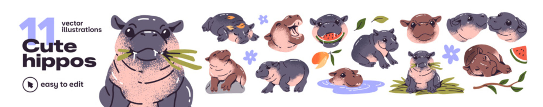 Cute hippos set. Kawaii babies of hippopotamus eat, sleep, walk, have a rest and swim in pond. Happy characters of funny African animals. Flat isolated vector illustrations on white background